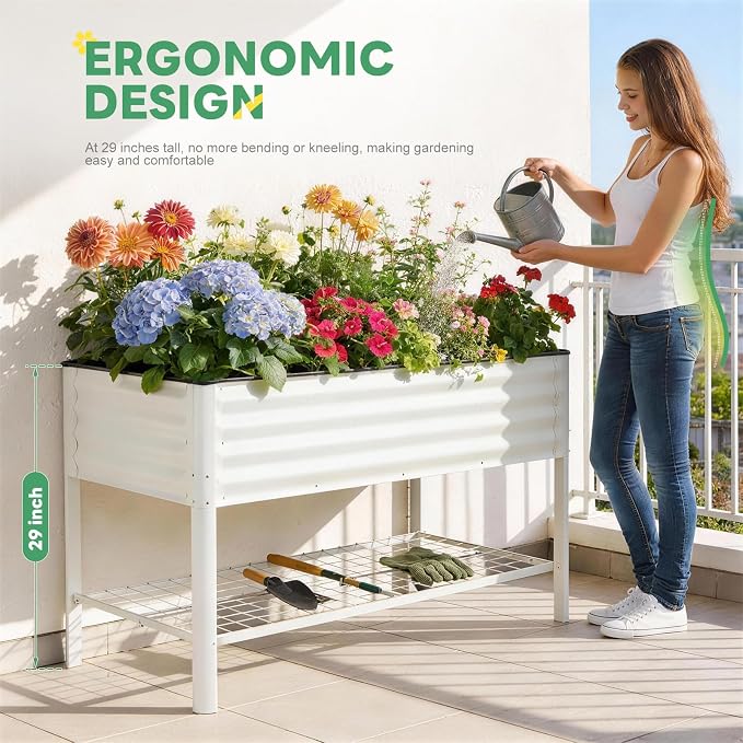 Elevated Raised Garden Bed with Legs - 48''x24''x32'' Galvanized Metal Standing Planter Boxes Outdoor with Bottom Storage Shelf for Backyard, Patio, Balcony, Vegetables, Flowers, White