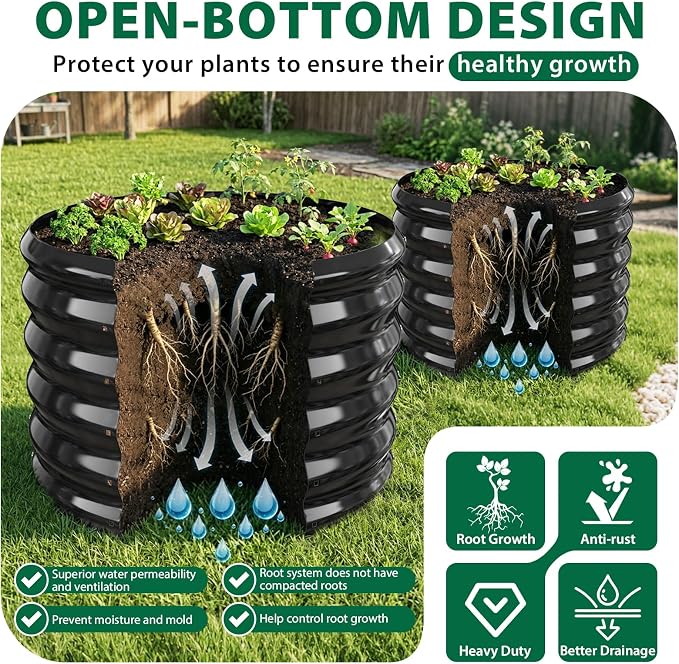 24" Diameter Round Raised Garden Bed - 17 Inch Tall, Heavy-Duty Galvanized Steel Planter Box with Wave-Shaped Panels for Vegetables, Herbs & Flowers (2, Black, 24 Inch Diameter)