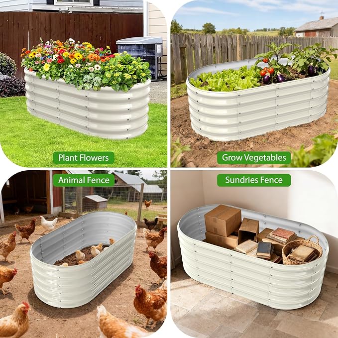 17" Tall Oval-Shaped / Elliptic Metal Raised Garden Bed Outdoor Cream White | 48X24X17 Inch,1.5 FT Tall,0.8MM Thick Galvanized Metal Painted,for Variety of Flowers,Herbs,Vegetables.with Gloves,Tool free