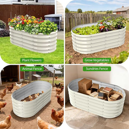 17" Tall Oval-Shaped / Elliptic Metal Raised Garden Bed Outdoor Cream White | 48X24X17 Inch,1.5 FT Tall,0.8MM Thick Galvanized Metal Painted,for Variety of Flowers,Herbs,Vegetables.with Gloves,Tool free