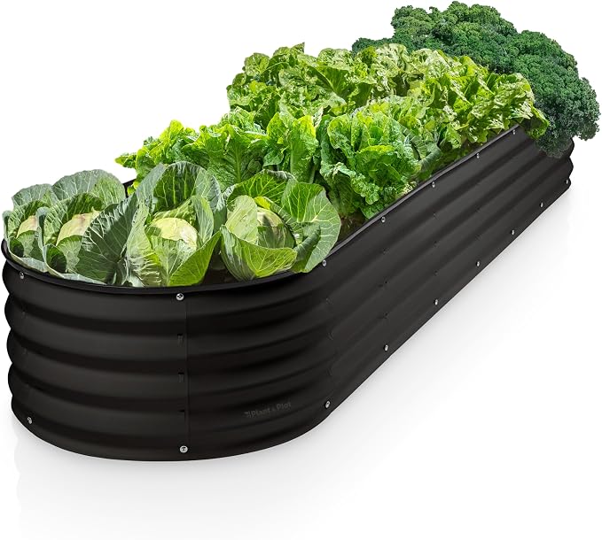 Plant & Plot Galvanized Raised Garden Beds Outdoor // 8×2×1 ft Planter Raised Beds for Gardening, Vegetables, Flowers // Large Metal Garden Box (Black) // Patented Tool-Free Design