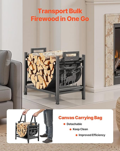 VEVOR Indoor Firewood Rack, 1.5 ft Curved Log Holder with Canvas Carrier, 40lb Weight Capacity Wood Storage Stand, Powder-Coated Steel Firewood Holder, Heavy Duty Wood Pile Stacker Rack for Fireplace