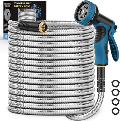Garden Hose 100FT, Water Hose with 10 Function Nozzle, Garden Hose Metal with Leak-proof Connectors, Kink-Free & Ultra Flexible, Rust/Pet/Puncture Proof for Lawn, Yard, Car Wash, 550PSI
