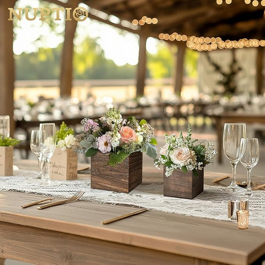 NUPTIO Wooden Box for Centerpiece Wedding: 6 Pcs Rustic Square Planter Box for Christmas Table Fall Decorations - 4×4" & 5×5" Small Wood Vases Flower Pots for Windowsill Home Garden Decor