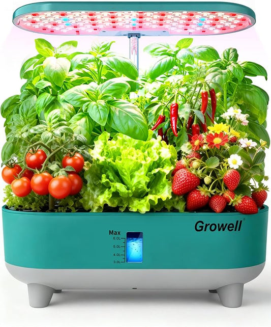 Growell Hydroponics Growing System Kit, 16 Pods, Vertical 8L Indoor Gardening System for Herb Vegetable Fruit, Hydro Garden with LED Grow Light, Smart Water Circulation, 3 Light Modes & 2 Timer, Green