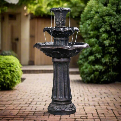 Teamson Home Lily Flower Floor Pedestal 3 Tiered Floor Waterfall Fountain with Pump for Outdoor Patio Garden Backyard Decking, 38 Inch Height, Dark Gray | Pedestal Design, With Pump, Outdoor Patio Garden Backyard Decking, Dark Gray