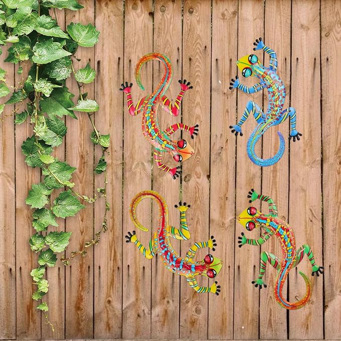 Junware 4 Pcs Metal Gecko Wall Art Outdoor Decor Metal Lizards Wall Decor Lizard 6.9 * 11 Inch Suitable for Hanging in Yard Garden Patio Fence Home, Idea Gifts for Mom Father Friends