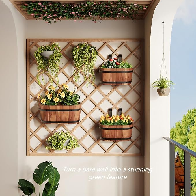 2PACK Cute Railing Planter Boxes Wood Hanging Flower Pots for Railing Fence Outdoor Balcony Planters for Wall Window Flower Box Hanging Bucket Pots Countryside plant Holder (Brown,2pcs,Small)