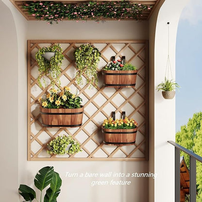 2PACK Wooden Cute Hanging Flower Pots for Railing Fence Outdoor Planter Railing Planter Boxes for Plants Wall Planters Window Flower Box Hanging Bucket Pots Countryside plant Holder (Brown,2pcs,Large)