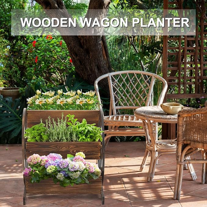 Beeveer 3 Tier Wooden Wagon Planter Box 24" x 24.5" x 22.5" Garden Planter for Outside Wood Planter Box with Drainage Holes Decorative Planters for Patio Garden Balcony Vegetables Flowers Herbs