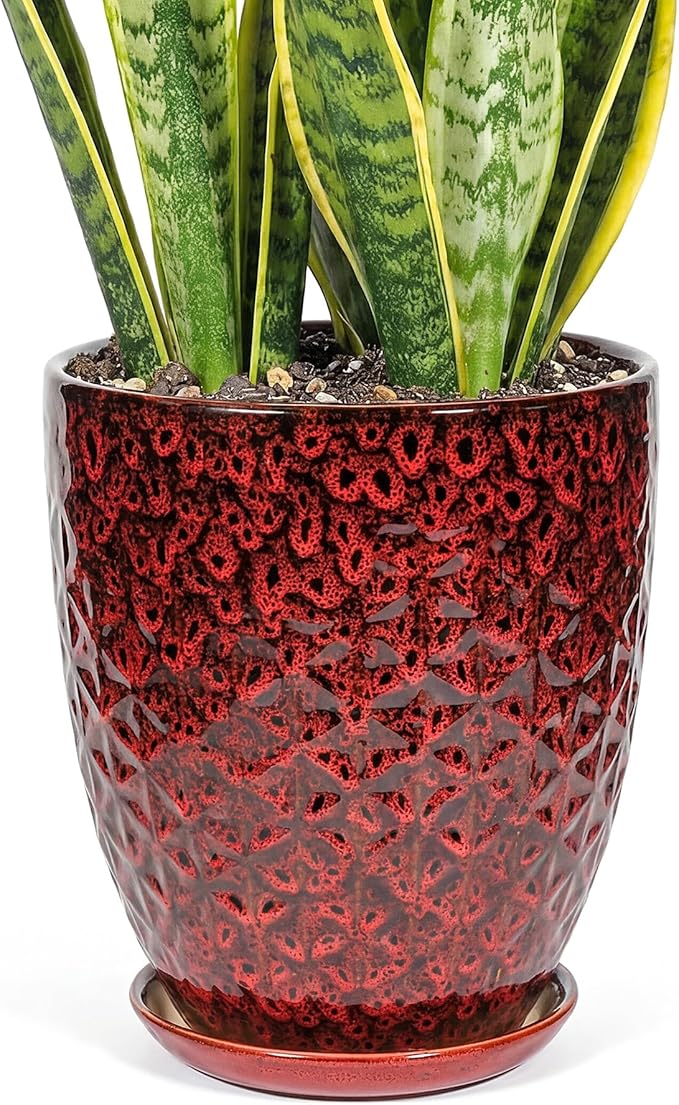 11.8 Inch Flower pots for Indoor Plants,Ceramic Planter with Saucer Drainage Leak-Proof Mesh Gardening Gloves (Diamond Red)