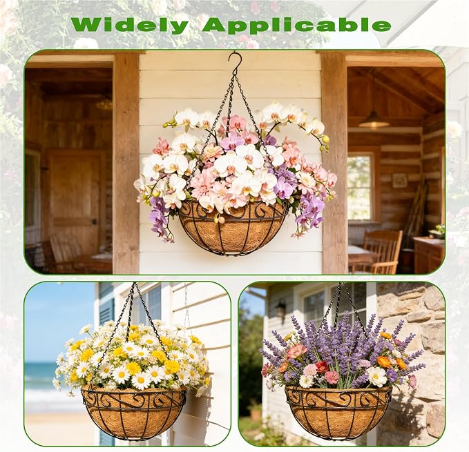 4 Pack 12 Inch Black Metal Hanging Basket Hanging Planter with Coco Coir Liner Heavy Duty Hanging Flower Pot Holder for Indoor Outdoor Patio Garden Porch Balcony Decor (Lace)