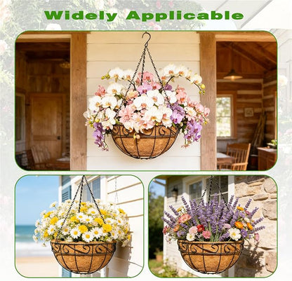 4 Pack 12 Inch Black Metal Hanging Basket Hanging Planter with Coco Coir Liner Heavy Duty Hanging Flower Pot Holder for Indoor Outdoor Patio Garden Porch Balcony Decor (Lace)