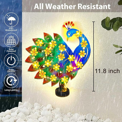 Metal Peacock Outdoor Wall Decor with 30 Led Solar Lights- 13.8" Outdoor Fence Wall Art Decor, Gift for Mom Grandma Women Birthday Gardening,Hanging Decoration for Garden Patio Porch Yard