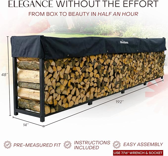 Woodhaven Black Large Outdoor Firewood Rack (16 Foot, With Cover)