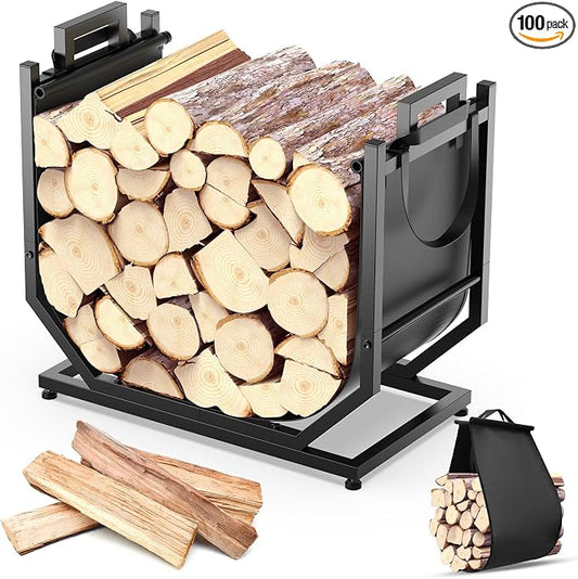 Firewood Rack, Indoor/Outdoor Firewood Holder with Firewood Carrier Bag, 25 Inch Thickened Metal Fireplace Log Holder with Adjustable Feet, Black
