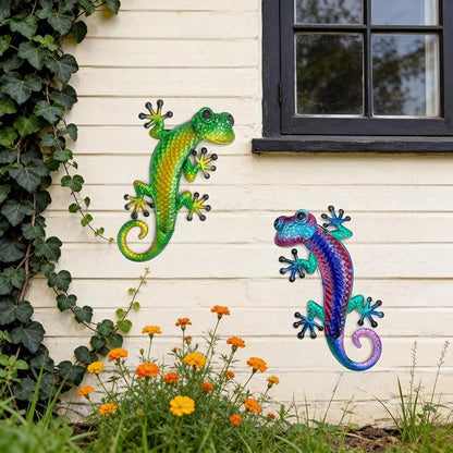 HONGLAND Lizard Metal Wall Art-15 Inch Gecko Wall Decor Hanging Glass Sculpture, 2 Pack Yard Decorations Outdoor for Garden Fence Home