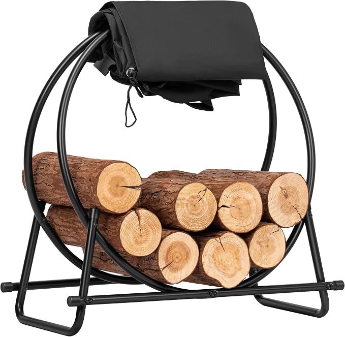 VIVOHOME 28 Inches Firewood Log Rack Hoop with Cover, Heavy Duty Solid Steel Fire Wood Storage Rack and Cover Set with Zipper, Round Log Holder Ring for Indoor Outdoor Patio Deck Porch