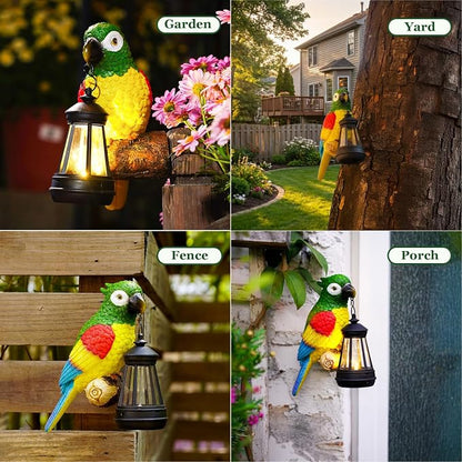 Colorful Parrot Garden Decor, Hanging Tree Ornament with Lantern Accent, Outdoor Yard Art for Patios and Lawns, Unique Gift for Garden Lovers