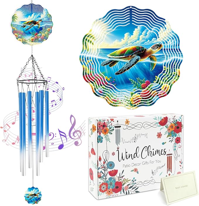 Sea Turtle Wind Chimes for Outside with Wind Spinner, Outdoor Garden Patio Yard Porch Hanging Decor, Turtle Wind Chime with Colorful Gift Box, Birthday Housewarming Gifts for Women Mom