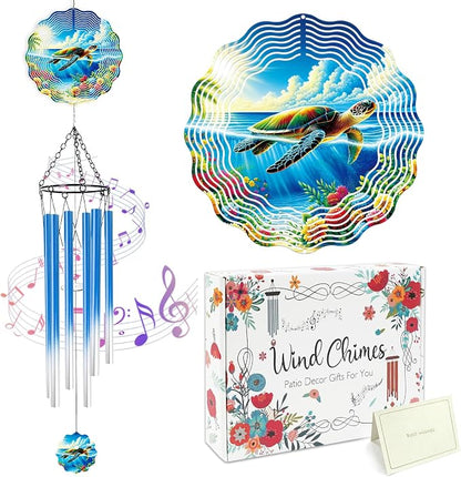 Sea Turtle Wind Chimes for Outside with Wind Spinner, Outdoor Garden Patio Yard Porch Hanging Decor, Turtle Wind Chime with Colorful Gift Box, Birthday Housewarming Gifts for Women Mom