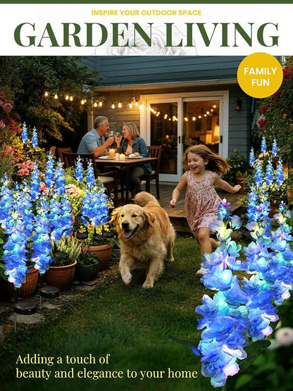GIGALUMI Solar Lights Outdoor for Garden Decor, 3 Pack Solar Flower Lights Waterproof, 2 Lighting Modes Delphinium for Pathway,Yard, Patio, 4th of July Decoration, Gifts for Women (Blue)