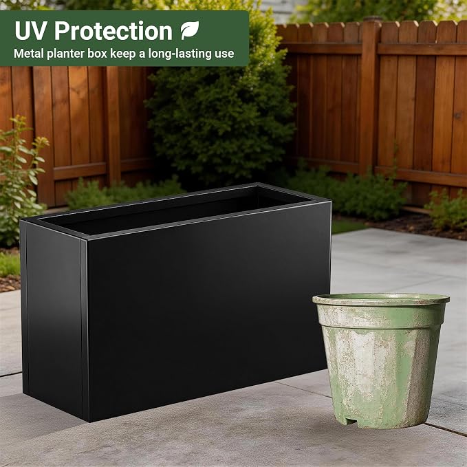 Metal Planter Box 30” x 12” x 16”, Tall Rectangle Planter Box | with with Drainage Holes & Rust-Proof Coating, Modern Outdoor/Indoor Black Planter Box for Porch, Garden, Patio, Yard