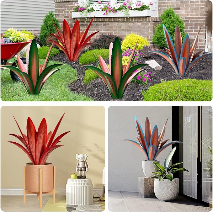 TOMBABY Enlarge Thickened Wind Resistant Iron Agave Metal Plant Country Garden Sculpture Statue Outdoor Decoration Agave Metal Plant Courtyard Garden Lawn Ornament Gift (2, 12 Leaves Blue)
