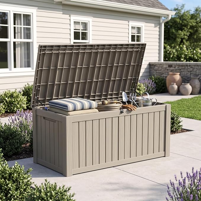 Outdoor Storage Box, 150 Gallon Waterproof Deck Box [Upgraded 3.0], Piston-Assisted Resin Trunk for Sectional Sofa Cushions, High-Capacity Lockable Double Storage Bench, Patio Lounge, Grey