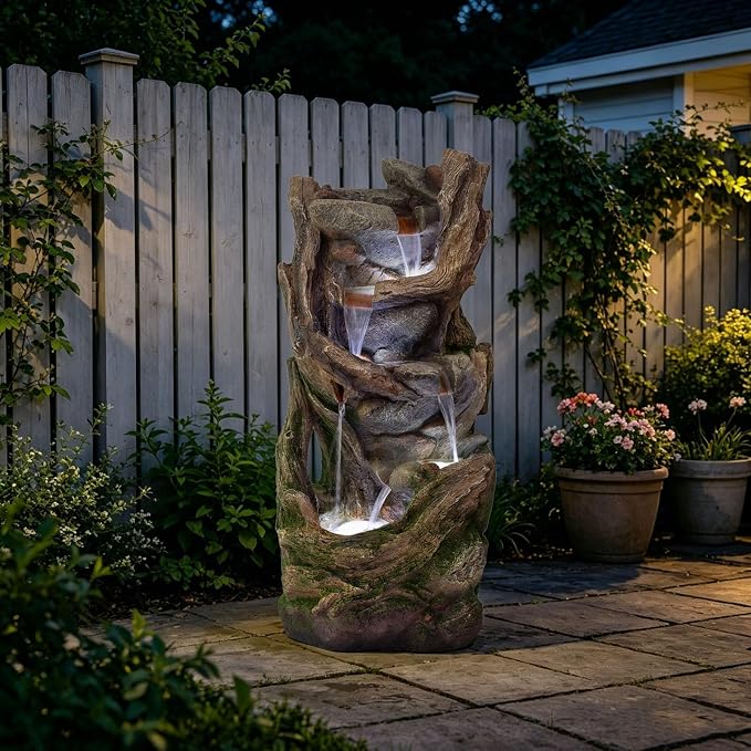 38.6" H Waterfall Fountains Outdoor, Large Garden Fountain with LED Lights, Floor Standing Cascading Water Fountains for Yard, Patio, Backyard, Porch Decor