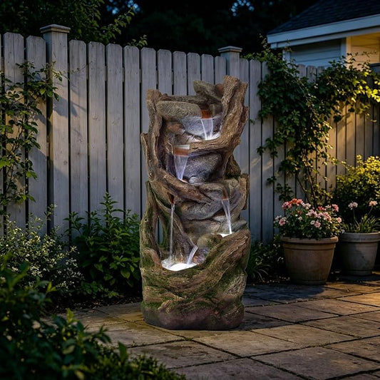 38.6" H Waterfall Fountains Outdoor, Large Garden Fountain with LED Lights, Floor Standing Cascading Water Fountains for Yard, Patio, Backyard, Porch Decor