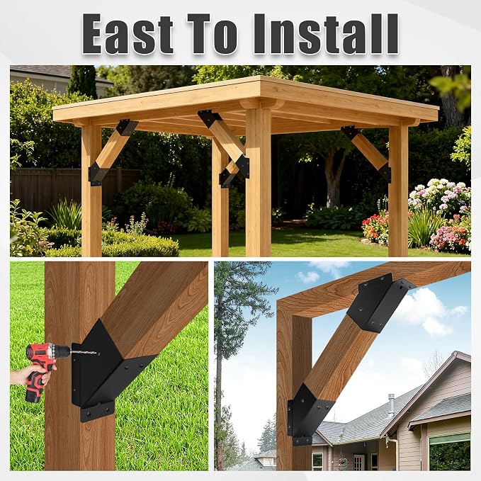 8 Pcs 45° 4”x 4“ Angle Support Brackets(Actual Fit:3.6''x 3.6'') | Angle Support Bracket, Heavy Duty Metal Corner Braces for Pergola, Deck, Railing and Wood Beam Support