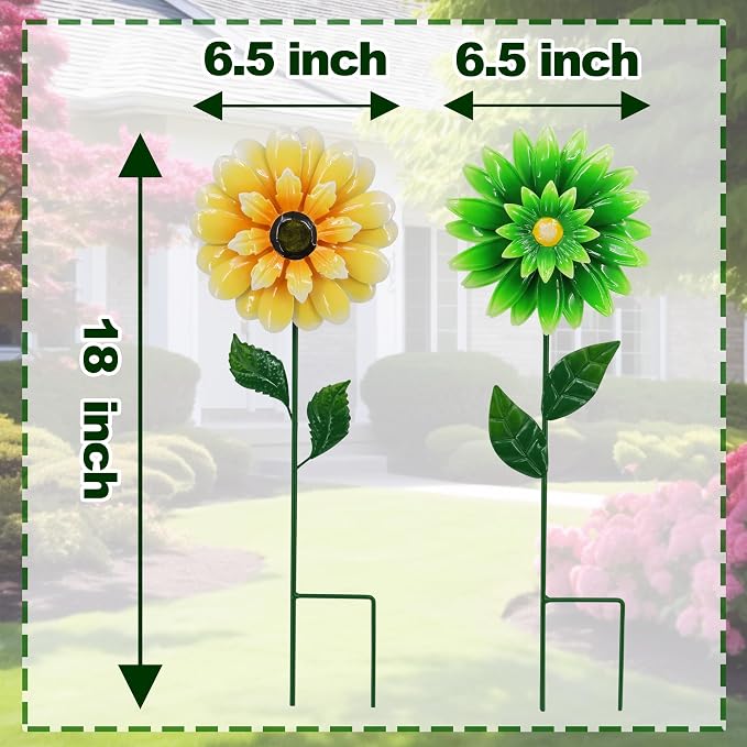 2 Pack Metal Flower Wind Spinners, Yellow Sunflower & Green Daisy Garden Stakes Yard Art, Decorative Floral Pinwheels Lawn Ornaments for Outdoor, Patio, Backyard and Flower Bed Spring Decor