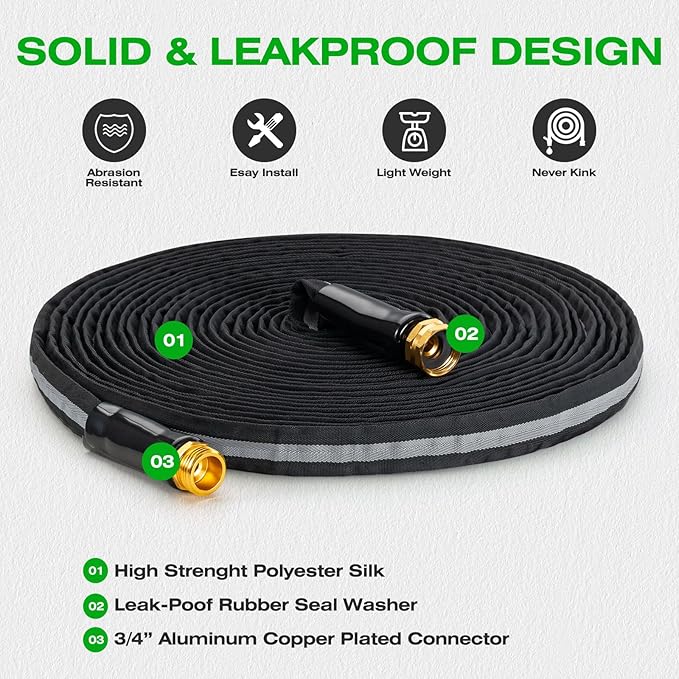 25ft Lightweight Garden Hose, Ultra Flexible Fabric Water Hose, Non-Expanding & Kink-Free with Leak-Proof Aluminum Fittings, Heavy Duty Hose for Yard, Car Wash & RV, Black-Gray