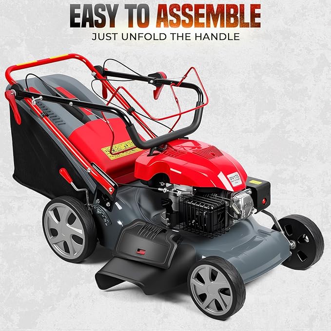 Lawn Mower Gas Powered, Gas Mower with 60l Grass Bag Big Wheels, 173cc Gas Engine 3 in 1 Mulching, Bagging & Side Discharge Self Propelled Walk-Behind Push Mower for Hills 2800RPM (Upgraded 02)