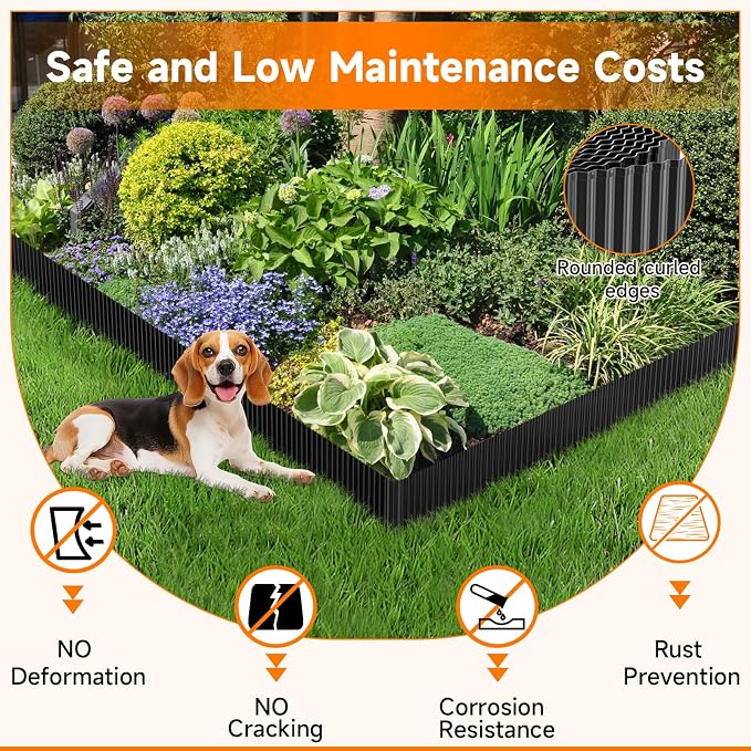 Corrugated Garden Edging,10"×20Ft Galvanized Steel Landscape Edging & Lawn Edging Border,Metal Garden Border for Flower Beds,Garden,Lawn,Raised Beds & Tree Surrounds(Black)