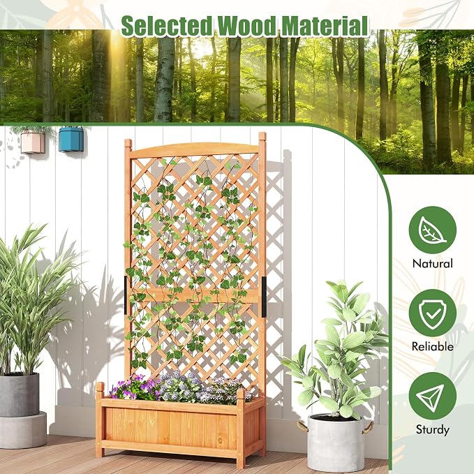 HAPPYGRILL Raised Garden Bed with Trellis, Large Planting Box w/Drainage Holes, 60” Wooden Garden Planter w/Diamond Lattice Trellis for Climbing Plants, Outdoor Planter Box for Patio (1, Orange)