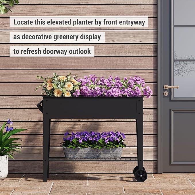 31.9" Tall Mobile Raised Garden Bed on Wheels, Metal Elevated Planter Box with Handles, Lower Storage Shelf & 5 Drain Holes for Vegetables Herbs Flowers,Garden Patio Balcony Backyard Garage