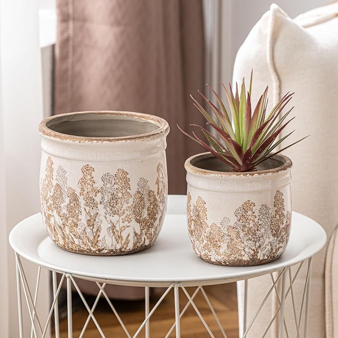 SURE YUESI Ceramic Plant Pots Set of 2, 4.7+5.7 Inch Vintage Indoor Planters with Drainage Hole, Farmhouse Ceramic Flower Pots for Indoor Plants, Rustic Cottage Decor for Home Kitchen Garden, Brown