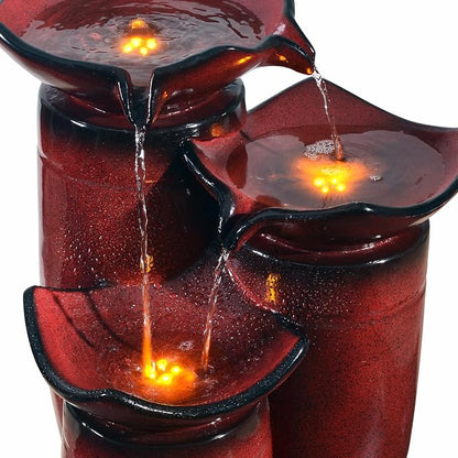 Teamson Home 3 Tiered Floor Water Glazed Pots Fountain with LED Lights and Pump for Outdoor Patio Garden Backyard Decking Décor, 20 inch Height, Gradient Red | Glazed Pots, LED Lights, Pump Included, Outdoor Patio Garden Backyard Decking Décor