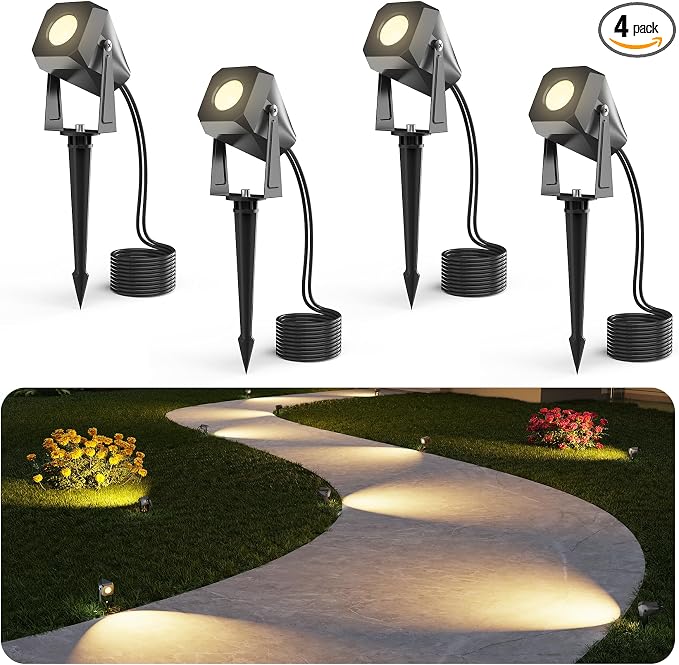 DeckTok Outdoor Landscape Lighting, 4 Pack Outdoor Spotlights, LED Low Voltage Landscape Lights for House Yard Garden Lawn Tree Fence Plant Flags Pathway, 12V 2700K Warm White, IP65 Waterproof