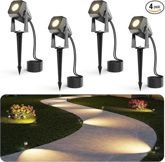 DeckTok Outdoor Landscape Lighting, 4 Pack Outdoor Spotlights, LED Low Voltage Landscape Lights for House Yard Garden Lawn Tree Fence Plant Flags Pathway, 12V 2700K Warm White, IP65 Waterproof