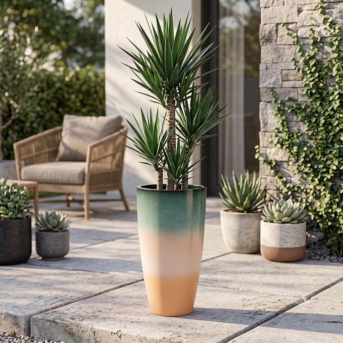 Sun-E Tall Planters for Outdoor Indoor Plants, 21-Inch Large Planter with Removable Insert Shelf, High Glossy Glazed Ceramic-Look Tri-Tone Gradient Tall Flower Pots for Entryway Corner Luxury Decor
