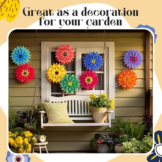 Zhehao 9 Pcs Metal Flower Wall Art Hanging 3D Daisy Decor Metal Flowers Outdoor Decor Multicolored Layered Floral Sunflower Wall Decorations for Home Garden Porch Patio (Stylish Color,6/8/10 Inch)