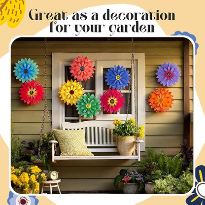 Zhehao 9 Pcs Metal Flower Wall Art Hanging 3D Daisy Decor Metal Flowers Outdoor Decor Multicolored Layered Floral Sunflower Wall Decorations for Home Garden Porch Patio (Stylish Color,6/8/10 Inch)