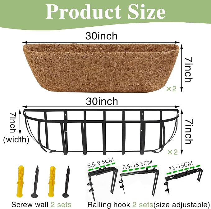 EIMQUVW 30 Inch Railing Planter Window Box Deck Balcony Rail Planter with Coco Liner Metal Wall-Mounted Coconut Liner Basket English Horse Trough for Outdoor Balcony Porch Fence Patio (2 Pack)