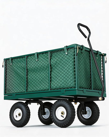 GarveeTech 800LBS Heavy Duty Steel Garden Cart, Garden Wagon Cart on Wheels, Metal Yard Utility Wagon with Removable Mesh Sides, 10" All Terrain Tires, 180° Rotating Handle for Lawn, Garden, Farm