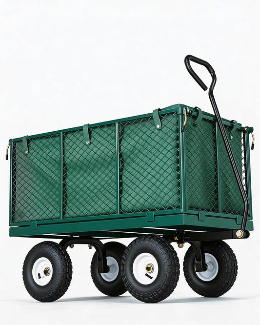 GarveeTech 800LBS Heavy Duty Steel Garden Cart, Garden Wagon Cart on Wheels, Metal Yard Utility Wagon with Removable Mesh Sides, 10" All Terrain Tires, 180° Rotating Handle for Lawn, Garden, Farm