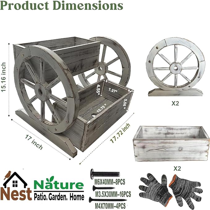 NestNature Wooden Wagon Planter Box|Raised Garden Bed W/Wheels for Plants | 2 Tier Classic Rustic Flower Pot Use Indoor&Outdoor Decor On Patio,Porch,Garden-Outdoor Planter For Flowers,Herbs,Vegetables