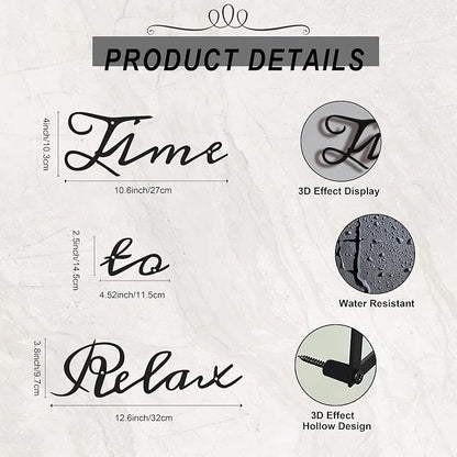 LIYAOLI Time to Relax Signs for Wall Decor,3D Black Metal Bathroom Wall Art Decor Farmhouse,Modern Metal Words Relaxing Decorative,Letter Sign Spa Home Decor